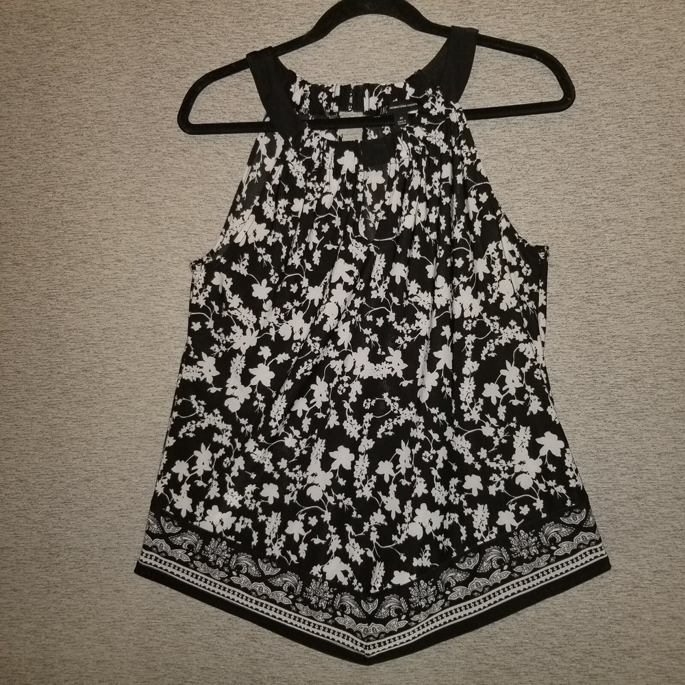 INC International Concepts Floral Tank Blouse Medium Top Black White Elegant